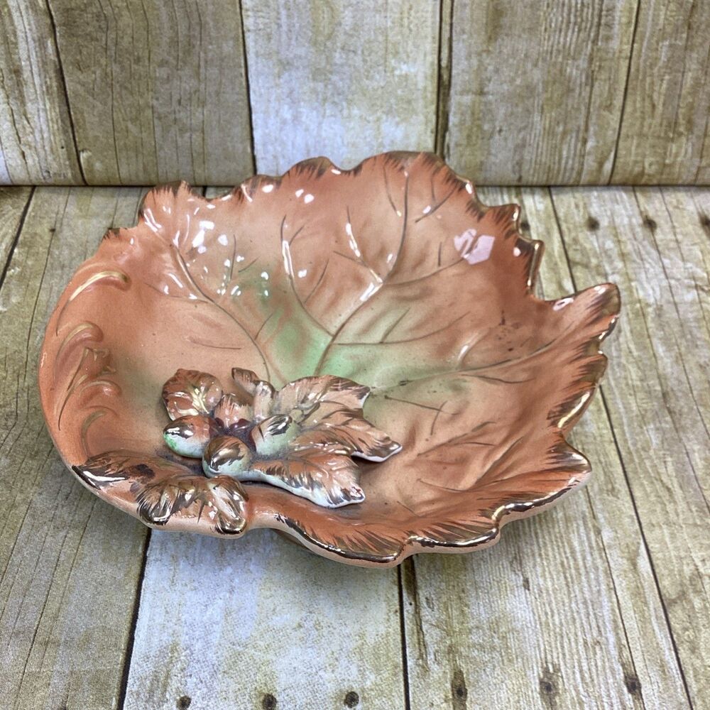 Vtg Wales Japan Leaf Pedestal Compote Dish Bowl Porcelain Cottagecore Fall Decor